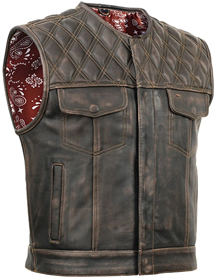 V-KNIGHT Mens Short Body Brown Leather Club Vest with Zipper and Diamond Pattern